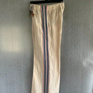 RALPH LAUREN LINEN WIDE LEG PANTS IN IVORY W/ BLUE & RED STRIPES SIDE SIZE: 4